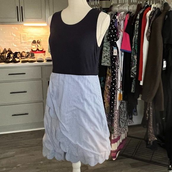 crown & ivy Tank Dress Blue Bodice and Blue and White Striped Scalloped Skirt PS - Picture 4 of 8